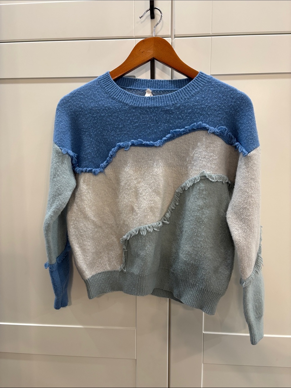 Dreamers Colorblock Fringe Crewneck Sweater - Blue, Light Gray, Sage